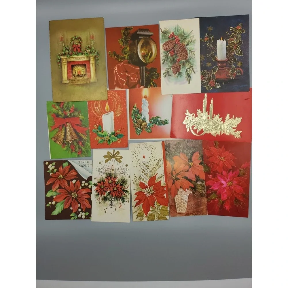 13 Old Vintage Used Greeting Card Fronts Crafts Poinsetta Candle Evergreen Holly
